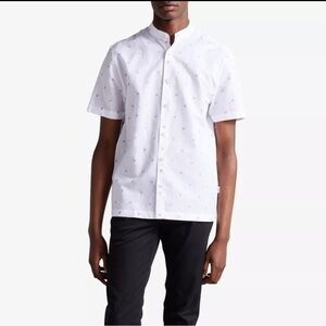 Ted Baker Rooster Print Grandad Collar Short Sleeve Shirt White Size 5, XL Men’s